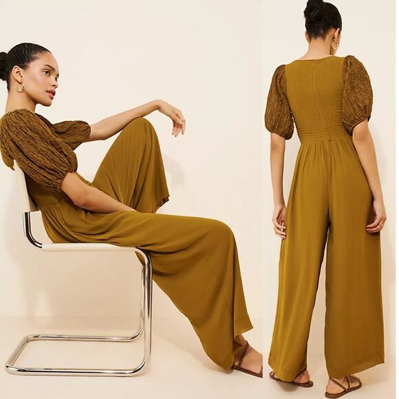 NEW Free People Temperley Jumpsuit Khaki Green Puff Sleeve Sm Goblincore Fairy - Picture 2 of 11
